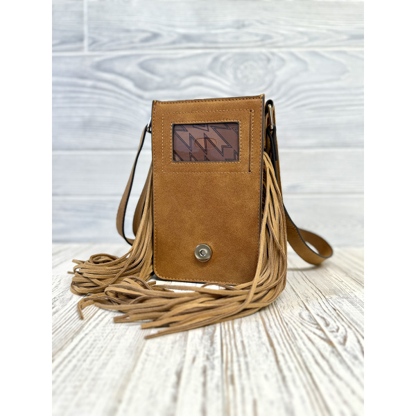 CROSSBODY PHONE BAG NEUTRAL SOUTHWESTERN PATTERN WITH FRINGE - Image 3