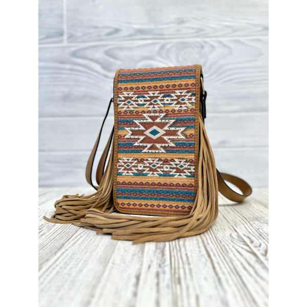 CROSSBODY PHONE BAG NEUTRAL SOUTHWESTERN PATTERN WITH FRINGE