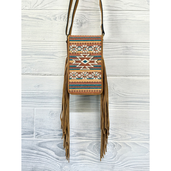 CROSSBODY PHONE BAG NEUTRAL SOUTHWESTERN PATTERN WITH FRINGE - Image 2