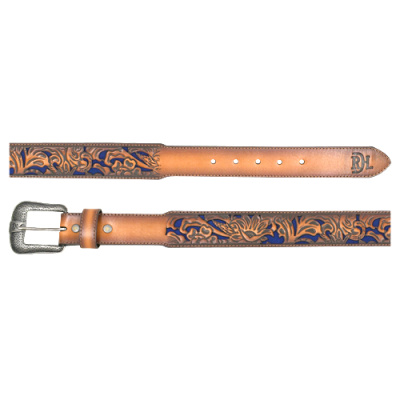 MENS GENUINE LEATHER BELT TOOLED W/ COBALT INLAY