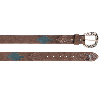 MENS GENUINE LEATHER BELT W/TEAL AZTEC PATCHES