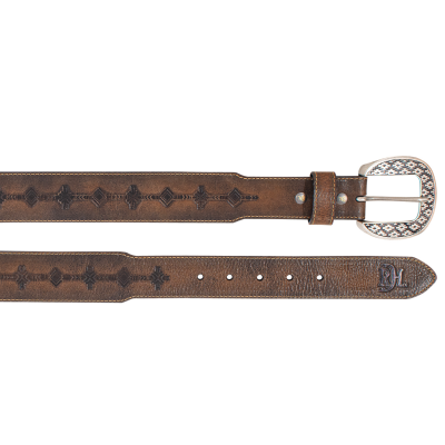 MENS GENUINE LEATHER BELT BURNISHED W/ AZTEC PATTERN