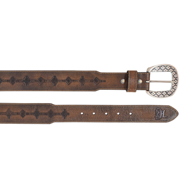 MENS GENUINE LEATHER BELT BURNISHED W/ AZTEC PATTERN