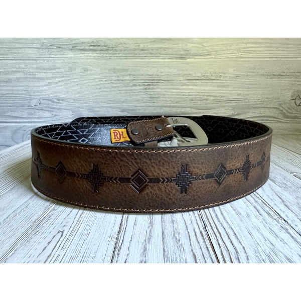 MENS GENUINE LEATHER BELT BURNISHED W/ AZTEC PATTERN - Image 2