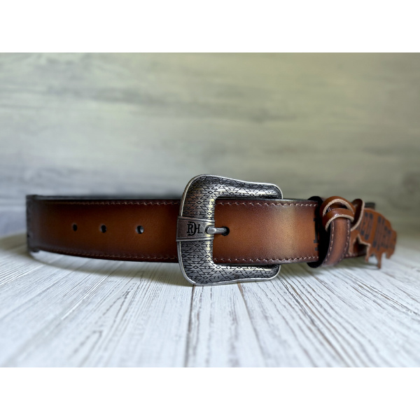 MENS GENUINE LEATHER BELT TOOLED W/ COBALT INLAY - Image 6