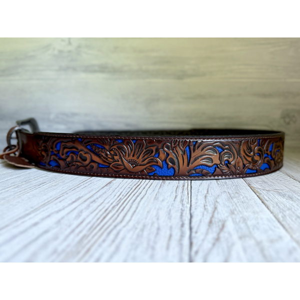 MENS GENUINE LEATHER BELT TOOLED W/ COBALT INLAY - Image 2