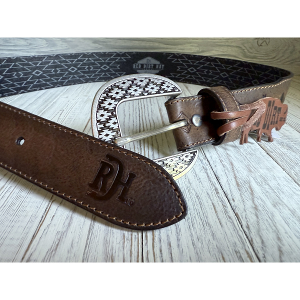MENS GENUINE LEATHER BELT BURNISHED W/ AZTEC PATTERN - Image 3