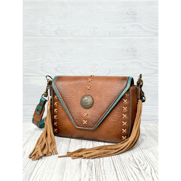 RED DIRT HAT CO LADIES SMALL CROSSBODY TAN W/CONCHO AND FRINGE - Image 2