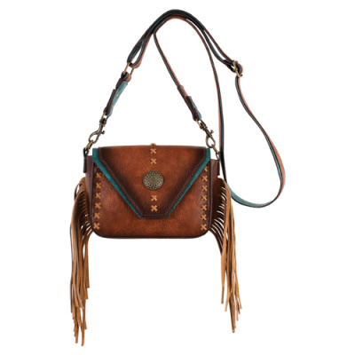 RED DIRT HAT CO LADIES SMALL CROSSBODY TAN W/CONCHO AND FRINGE