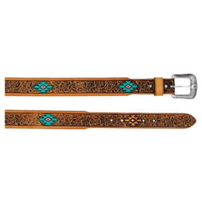 Men’s Genuine Leather Belt – Tan Floral Tooled w/ Turquoise Aztec Design