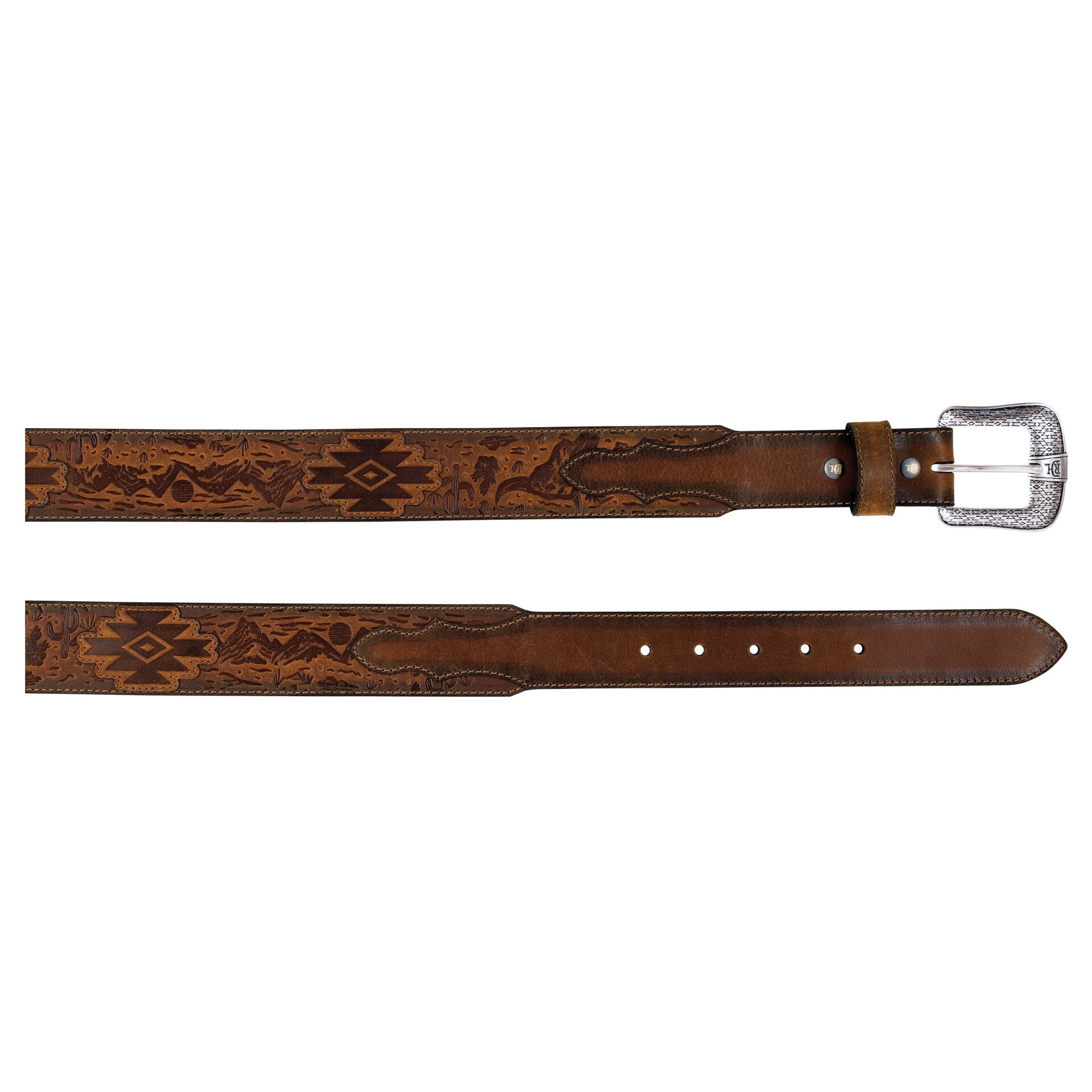 Men's Genuine Leather Belt - Brown Desert Scene w/Aztec Design