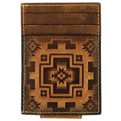 Men's Card Case with Magnetic Clip – Tan Southwestern Square Cross