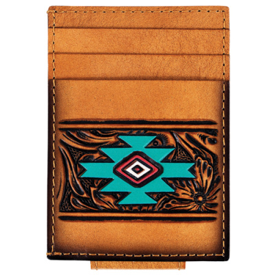 Men’s Card Case with Magnetic Clip – Tan Floral Tooled with Turquoise & Red Aztec Design