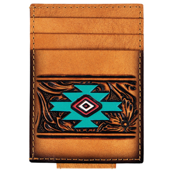 Men's Card Case with Magnetic Clip – Tan Floral Tooled with