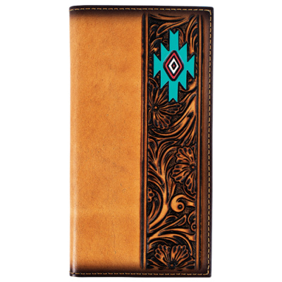 Men’s Rodeo Wallet – Tan Floral Tooled with Turquoise & Red Aztec Design