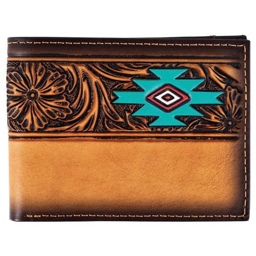 Men’s Bifold Wallet – Tan Floral Tooled with Turquoise & Red Aztec Design