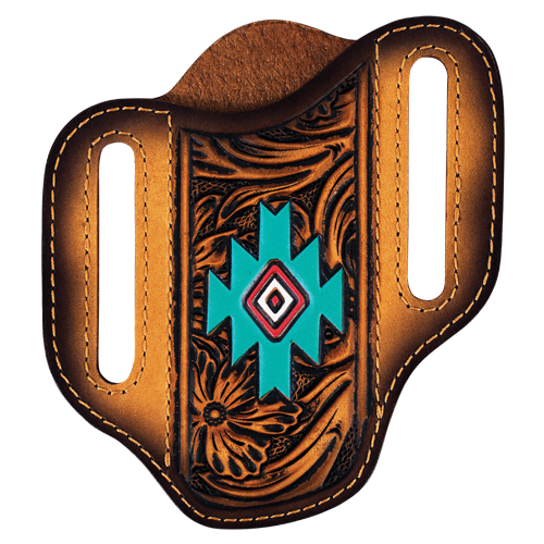 Men’s Pancake Knife Sheath – Tan Floral Tooled with Turquoise & Red Aztec Design